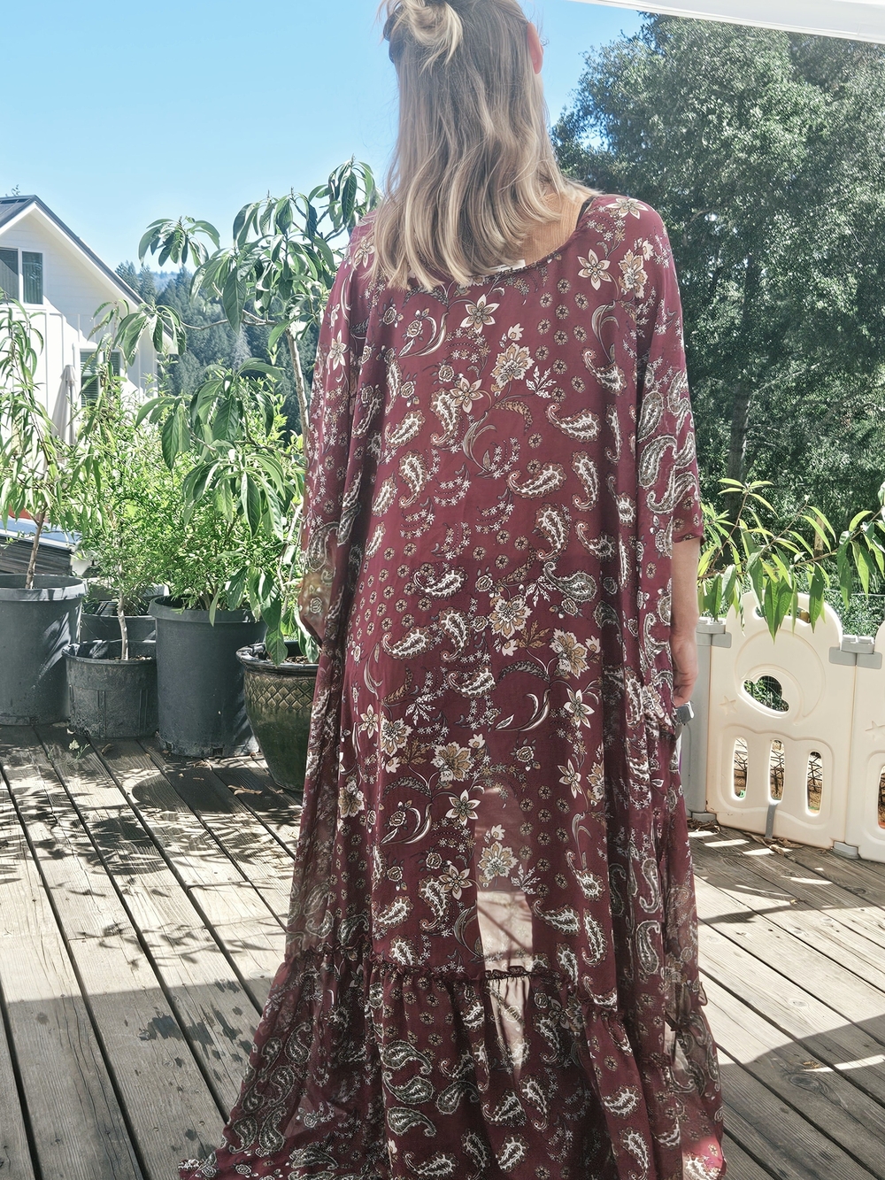 Three Bird Nest Boho Paisley Maxi Kimono Duster Cardigan Burgundy Floral OS